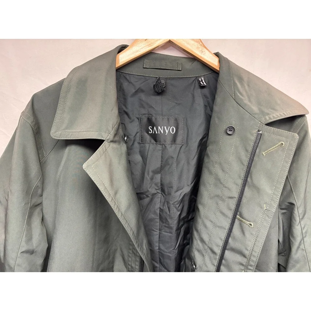 Sanyo Trench Coat Mens Deep Forest Green Long Sleeve Pocket Travel Outdoor Small